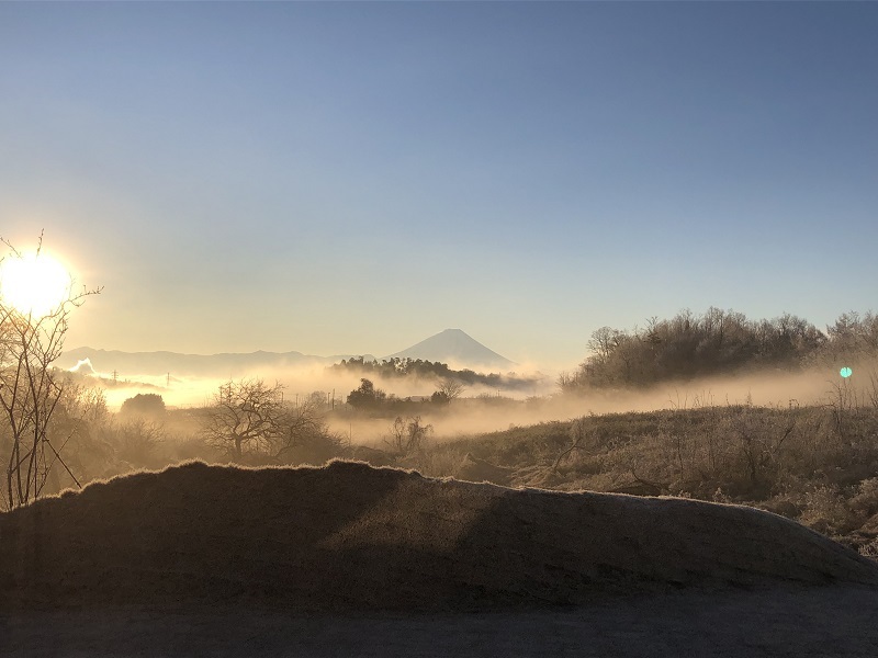 朝焼けの雲海に浮かぶ新府城と富士