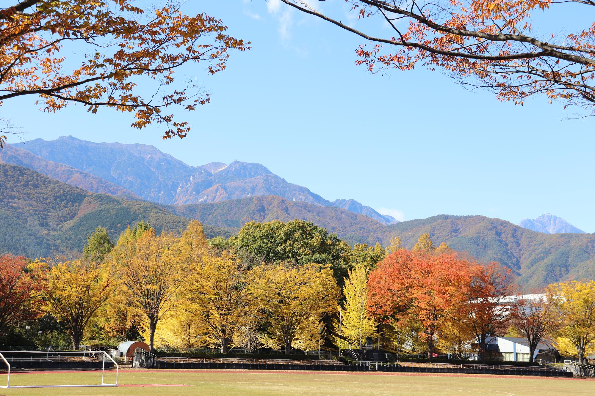 韮崎中央公園の紅葉と鳳凰三山と甲斐駒ケ岳